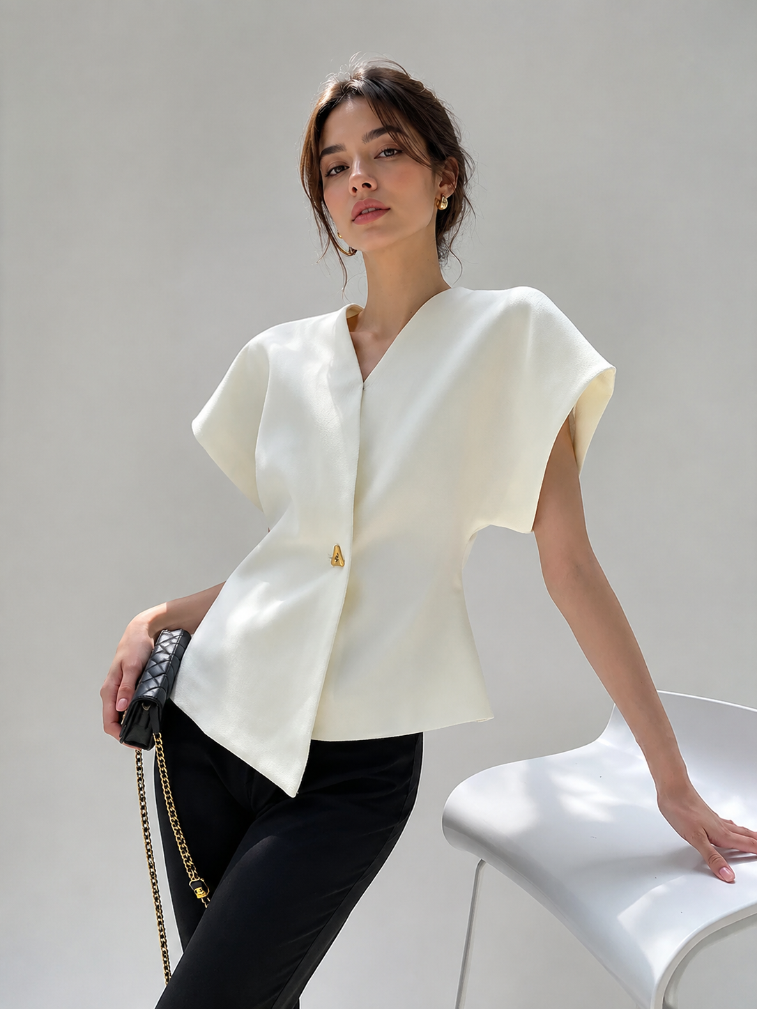 Chic V-Neck Button-Up Blouse with Tailored Fit