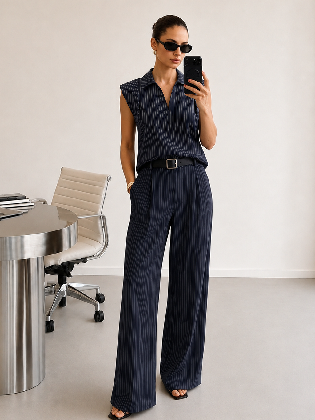 Chic Pinstriped Sleeveless Top and Tailored Pants Ensemble