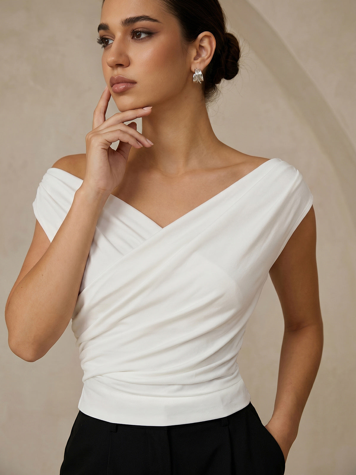 Ruched Blouse with Asymmetric Neckline