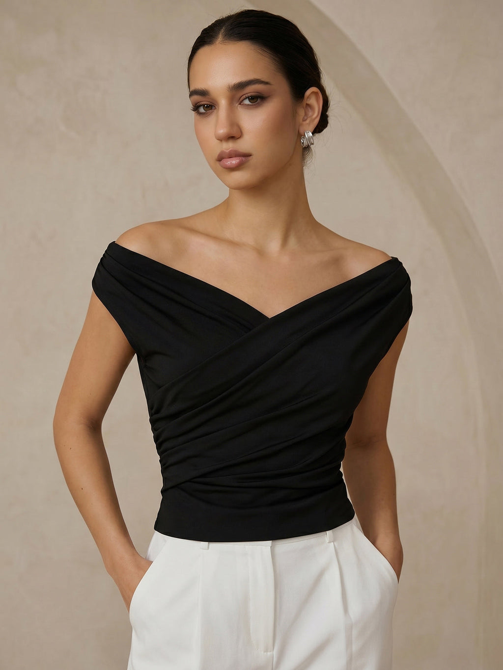 Ruched Blouse with Asymmetric Neckline