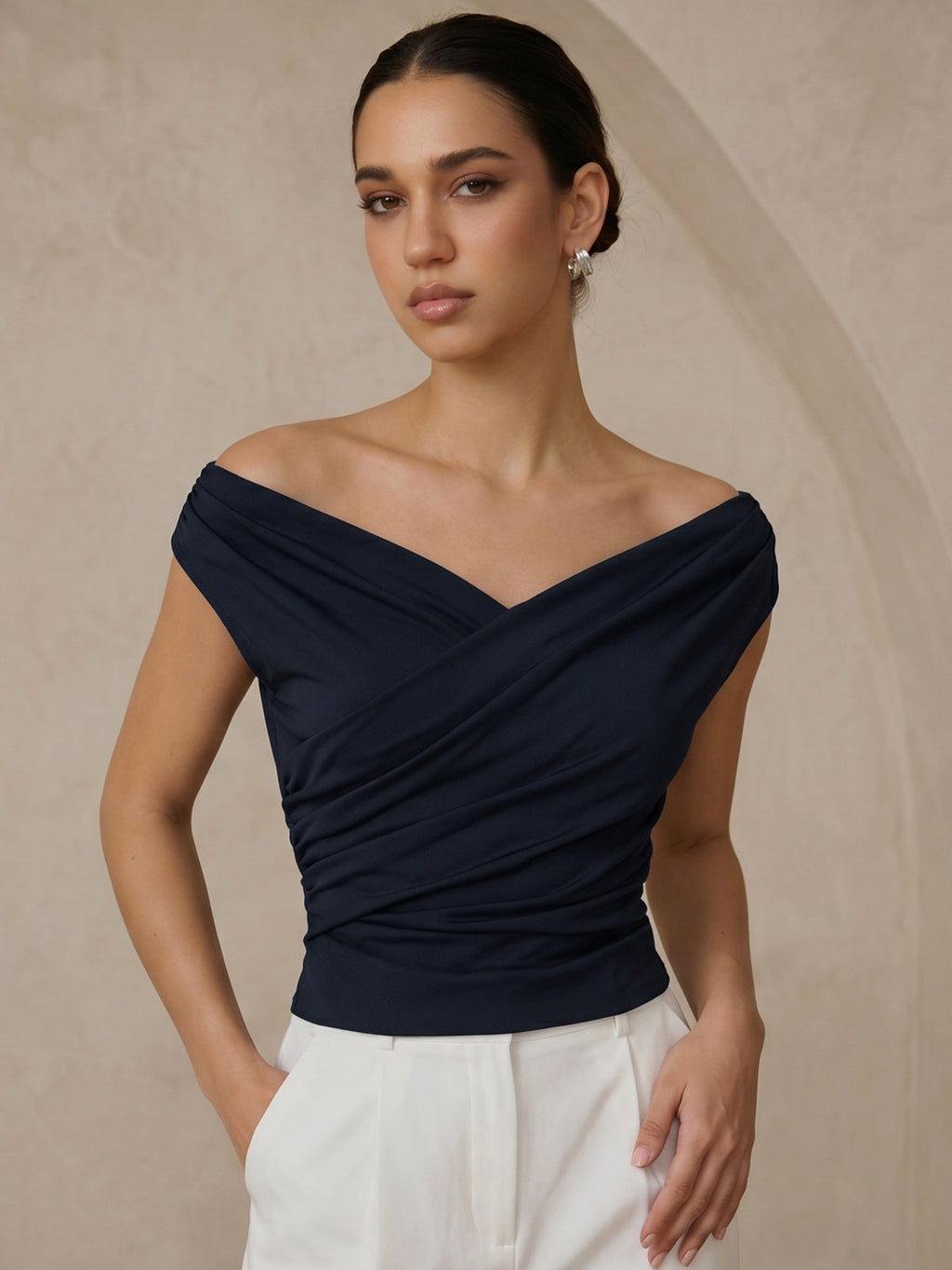 Ruched Blouse with Asymmetric Neckline
