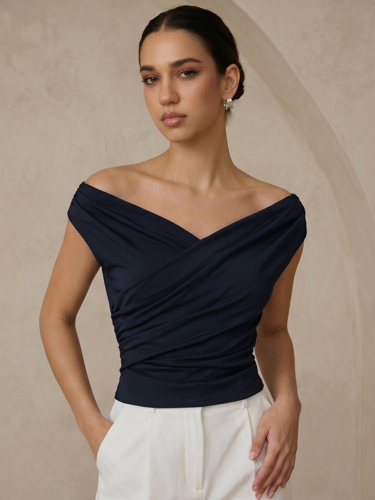 Ruched Blouse with Asymmetric Neckline