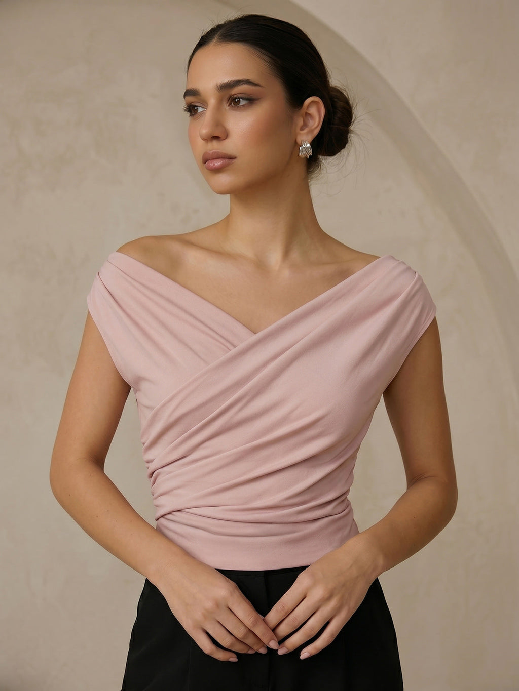 Ruched Blouse with Asymmetric Neckline