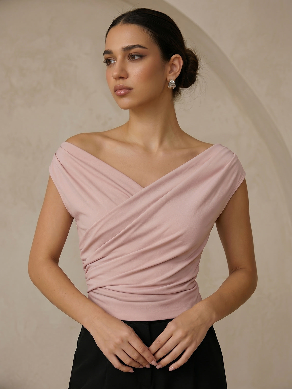 Ruched Blouse with Asymmetric Neckline