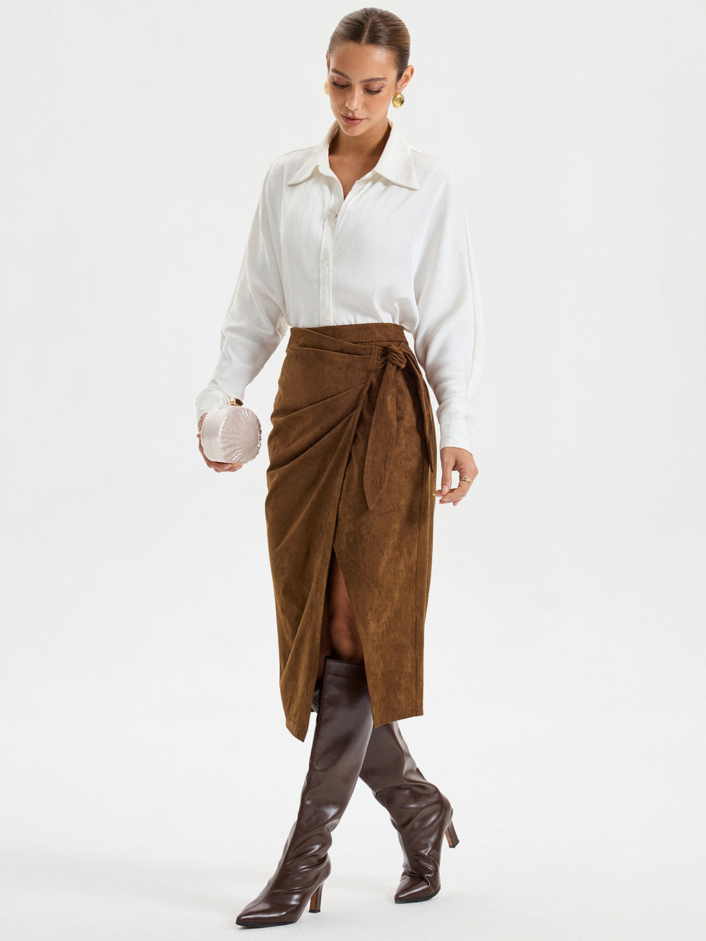 Suede Effect Midi Skirt with Tie Knot Detail