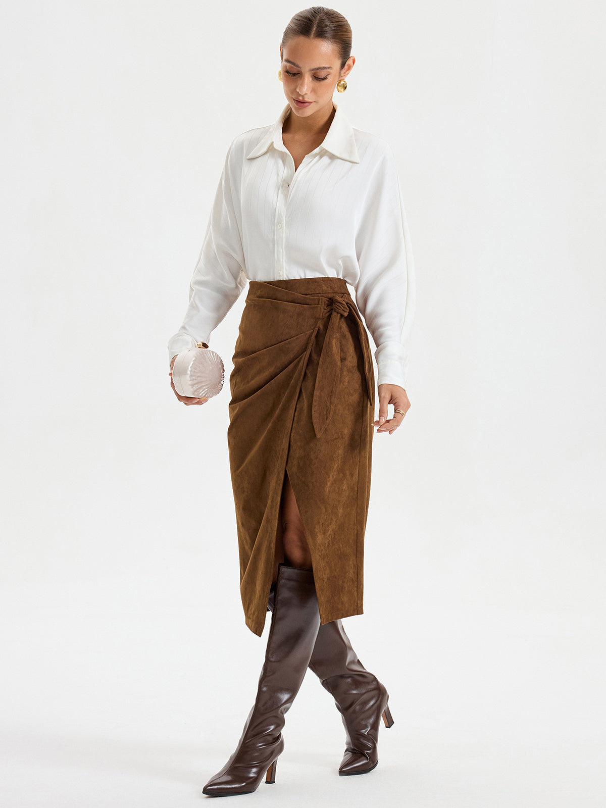 Suede Effect Midi Skirt with Tie Knot Detail