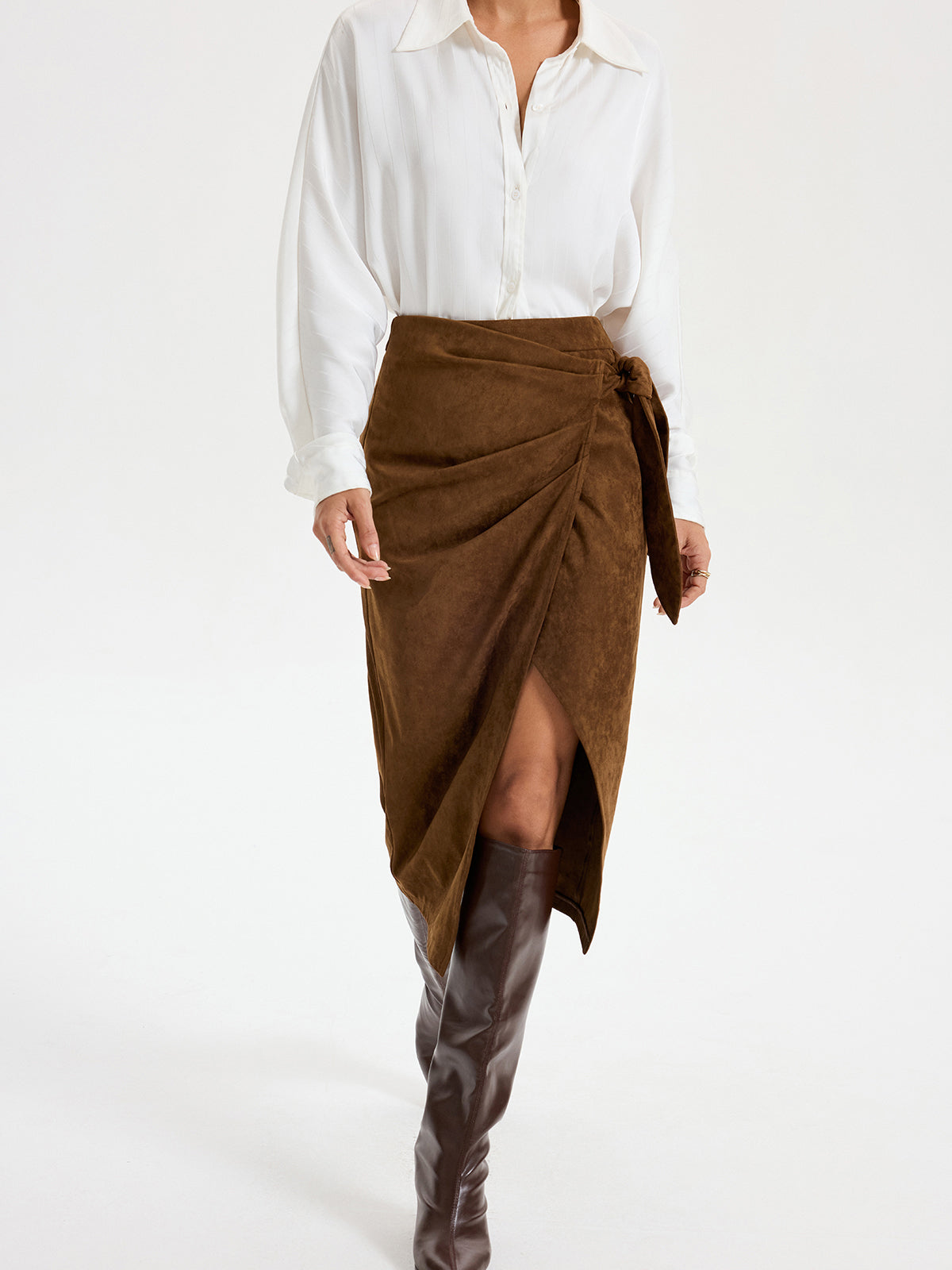 Suede Effect Midi Skirt with Tie Knot Detail