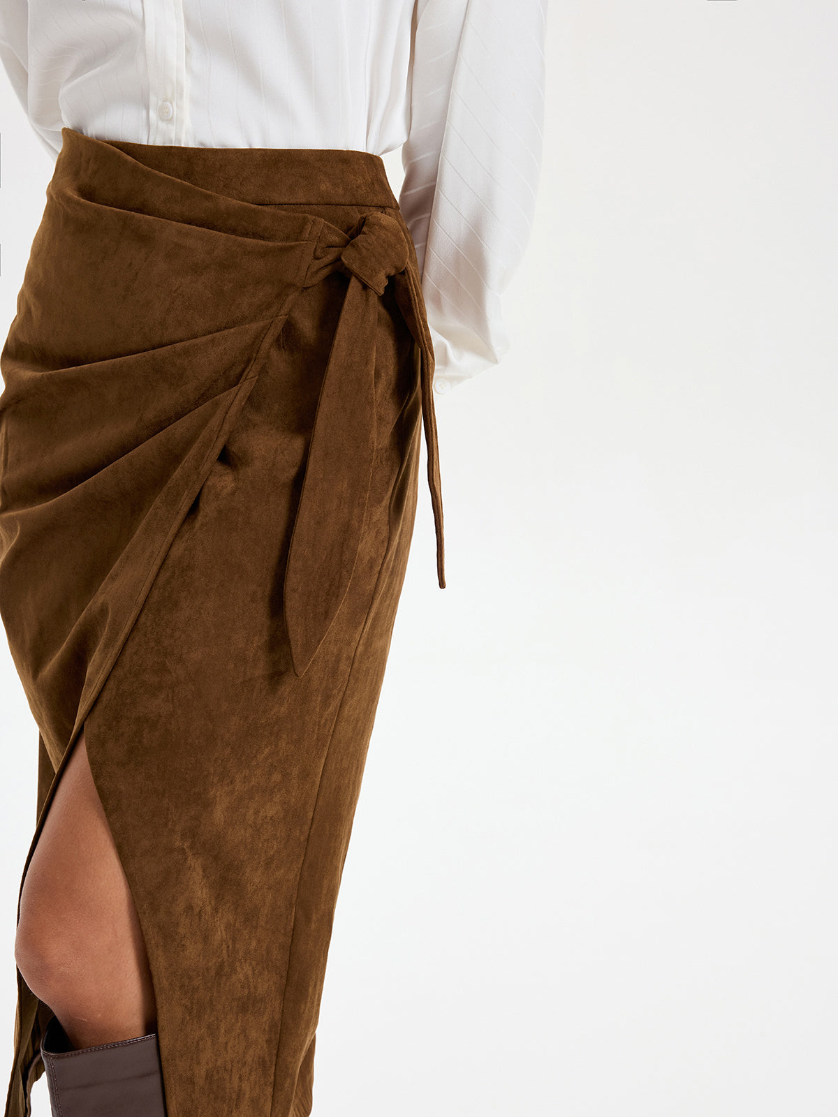 Suede Effect Midi Skirt with Tie Knot Detail