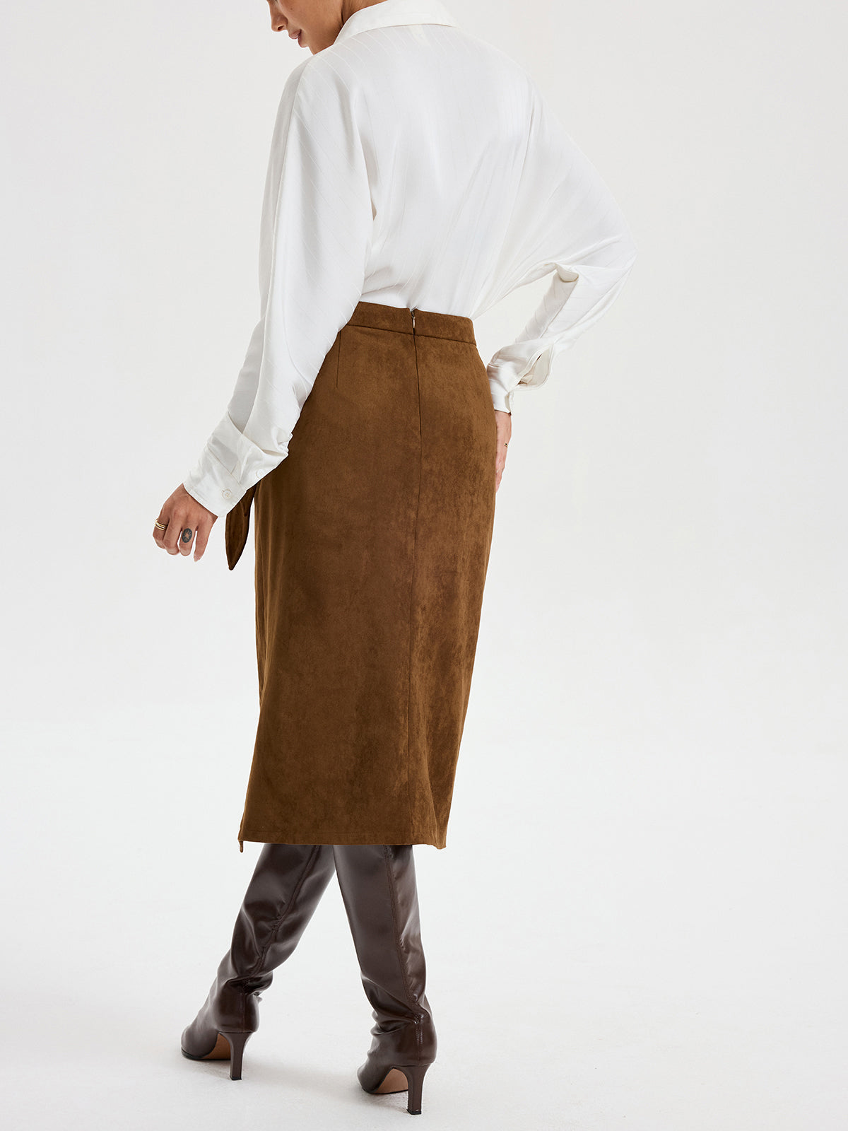 Suede Effect Midi Skirt with Tie Knot Detail