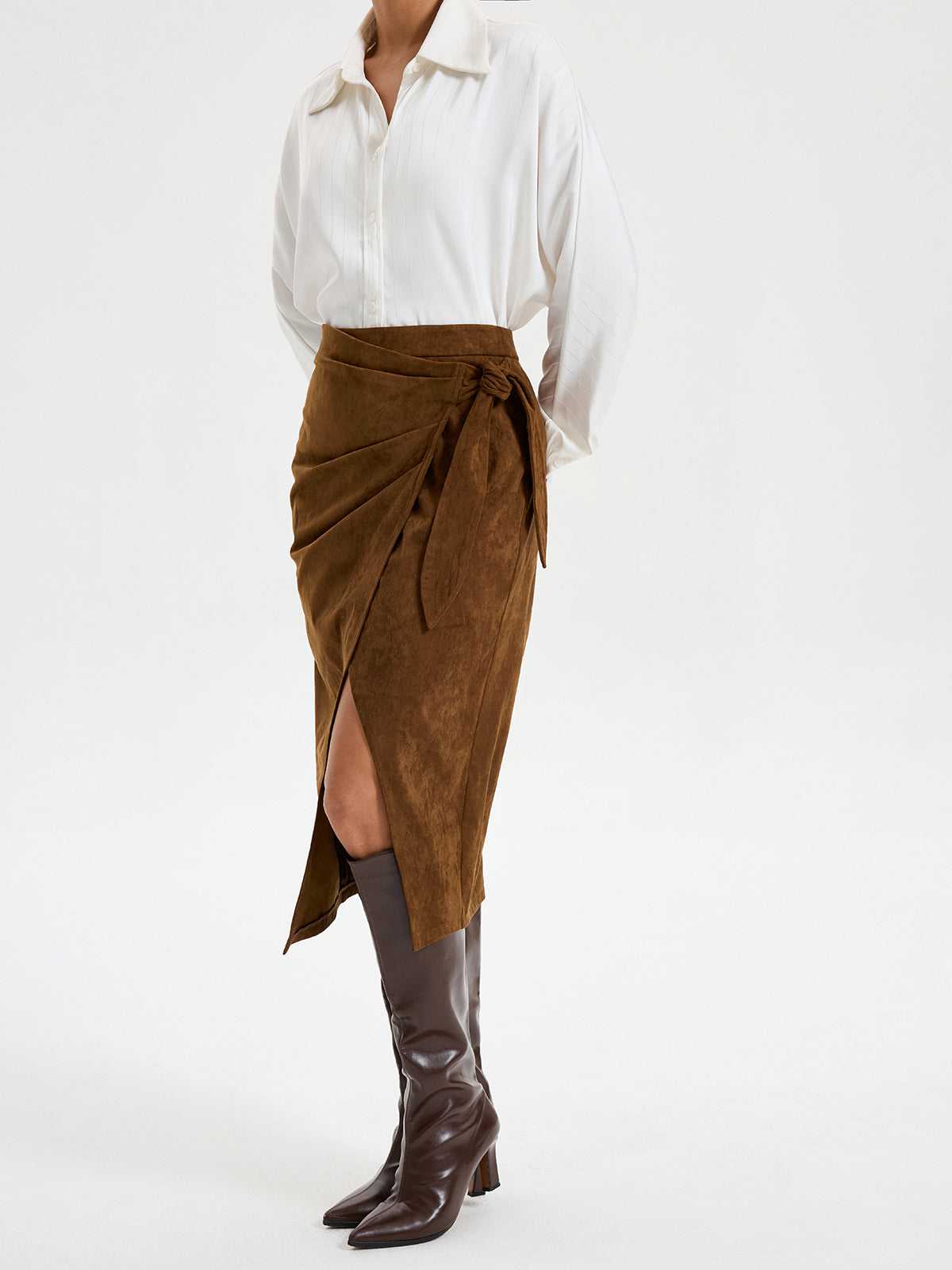 Suede Effect Midi Skirt with Tie Knot Detail