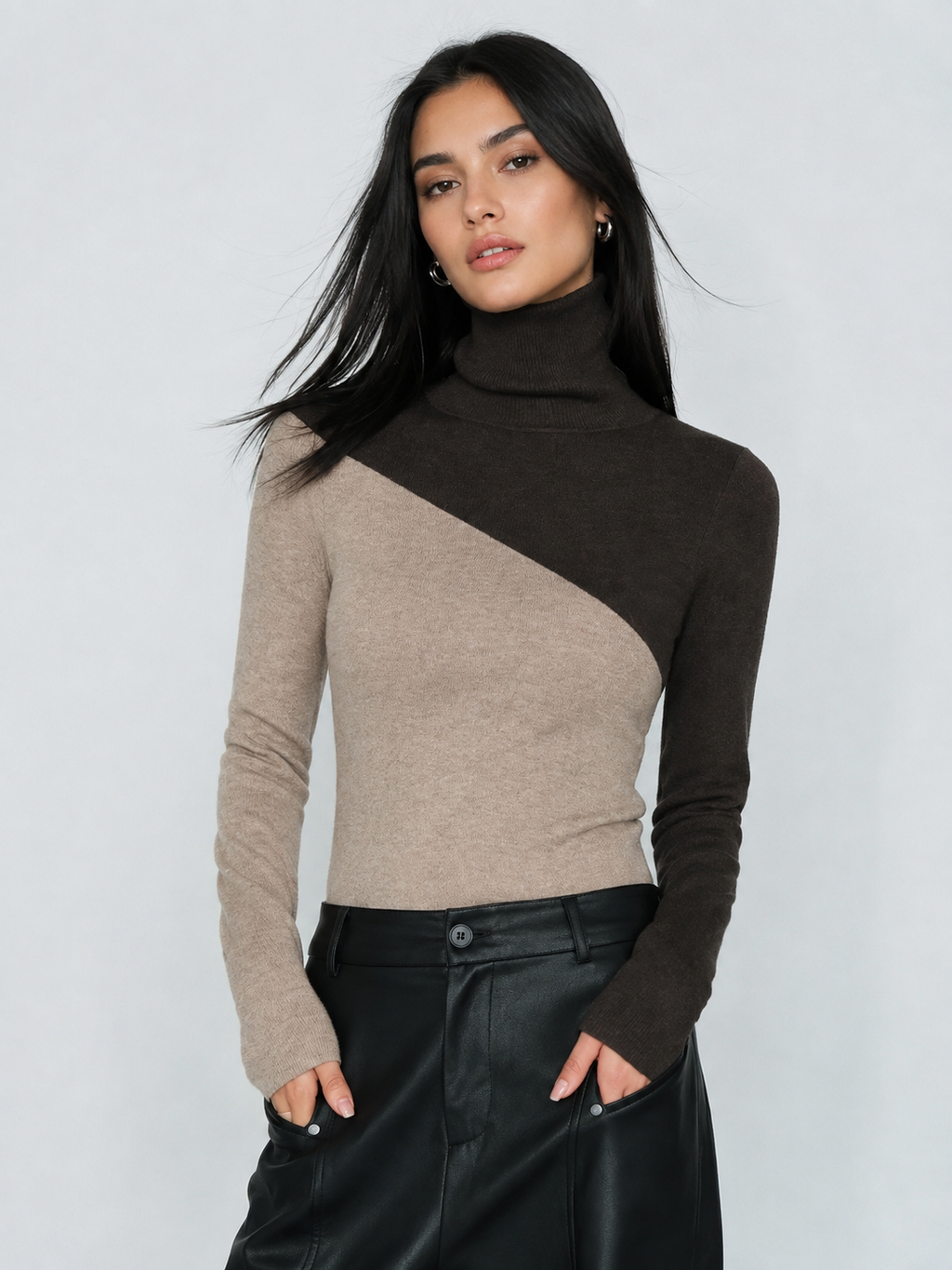Asymmetrical Patchwork Knit Top with Mock Neck and Long Sleeves