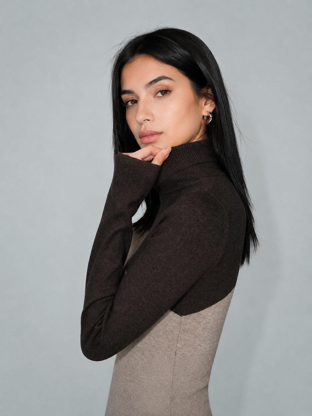 Asymmetrical Patchwork Knit Top with Mock Neck and Long Sleeves