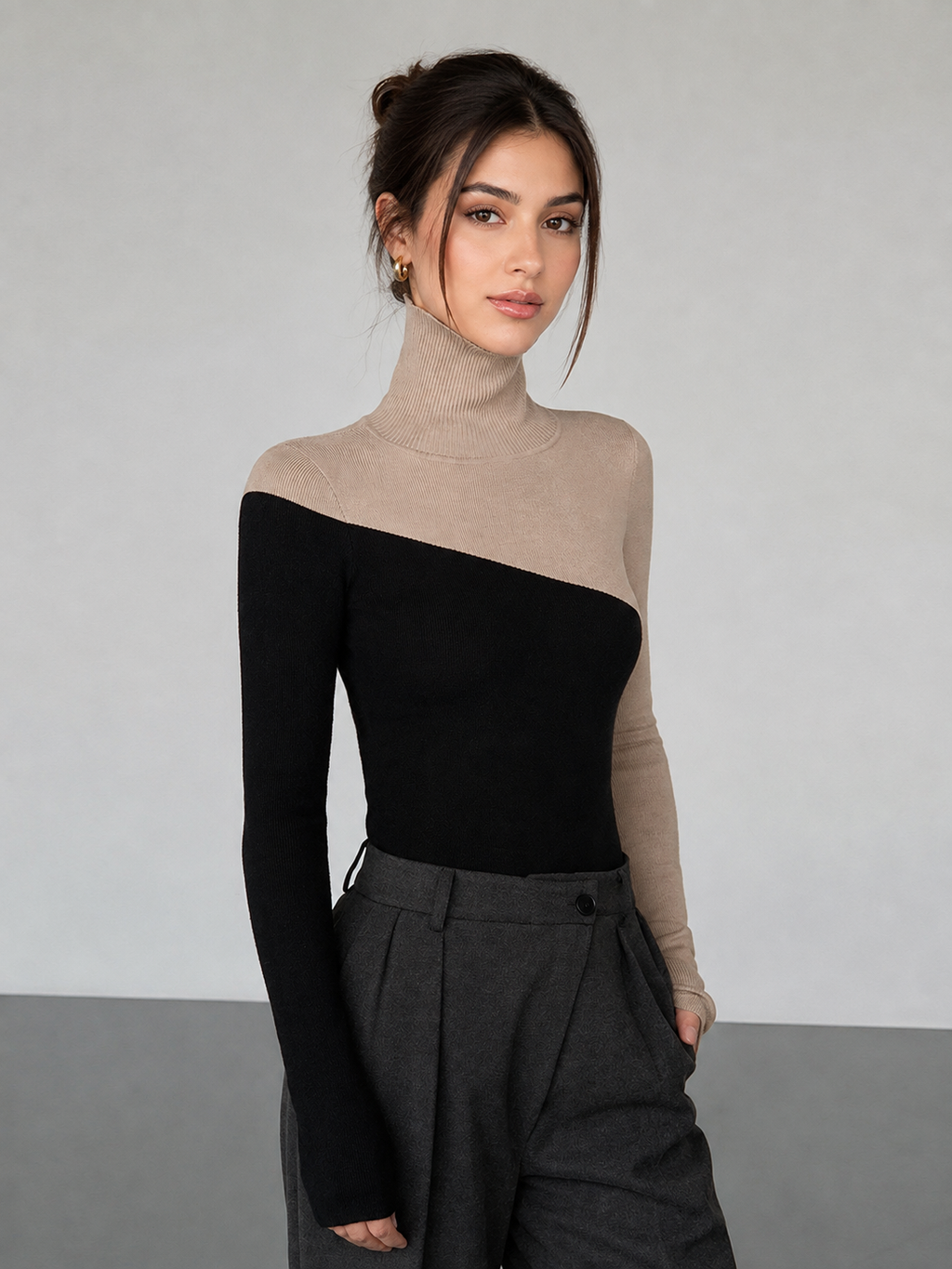 Asymmetrical Patchwork Knit Top with Mock Neck and Long Sleeves