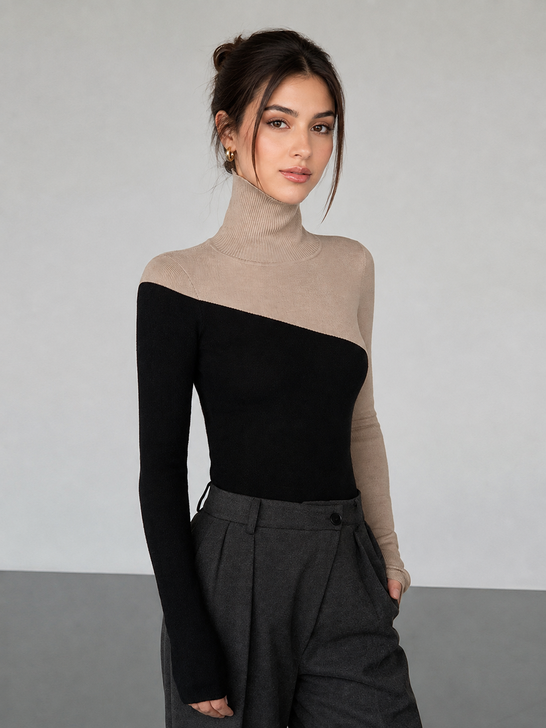 Asymmetrical Patchwork Knit Top with Mock Neck and Long Sleeves