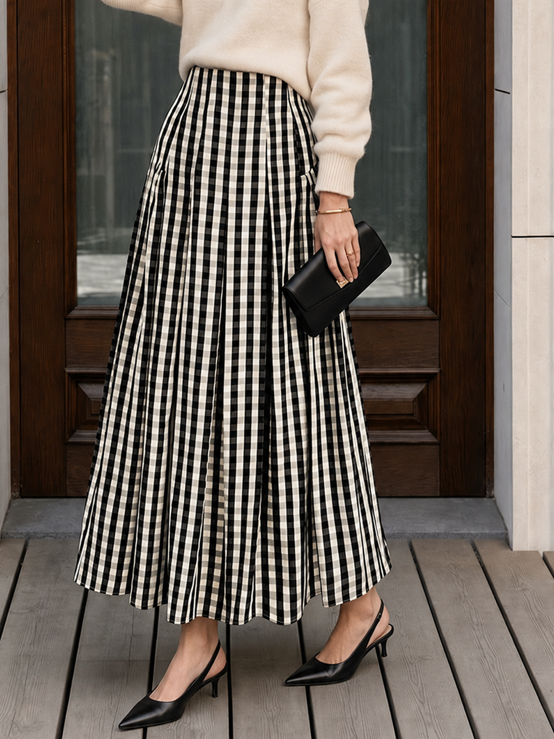 Gingham High-Waisted Pleated Midi Skirt