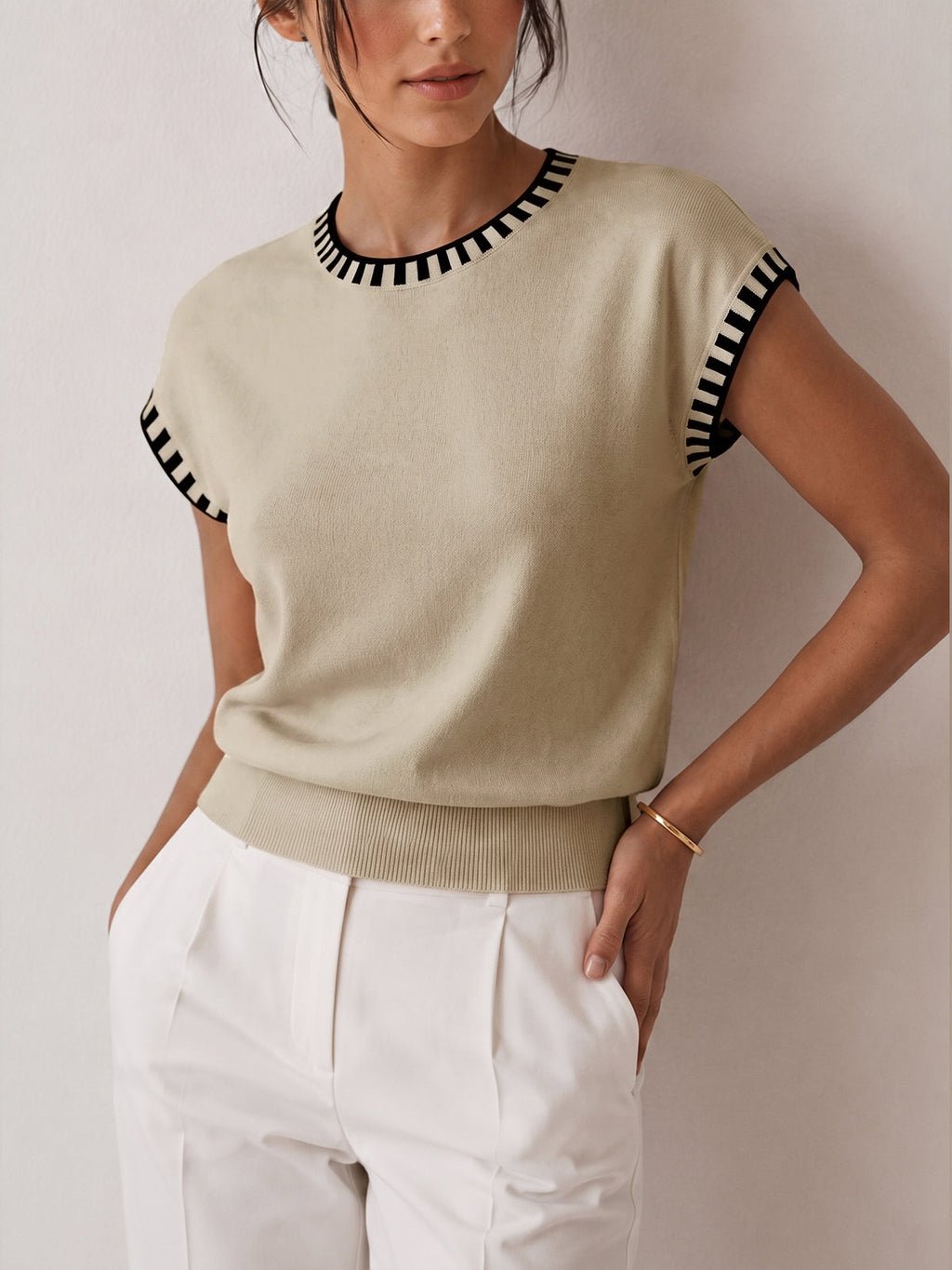 Cap Sleeve Knit Top with Contrast Trim