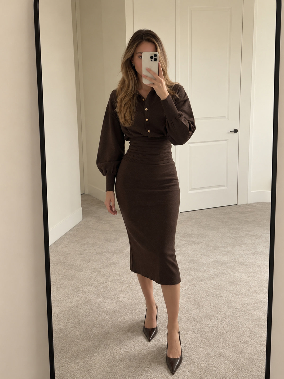 Tailored Knit Shirt Dress with Cinched Waist