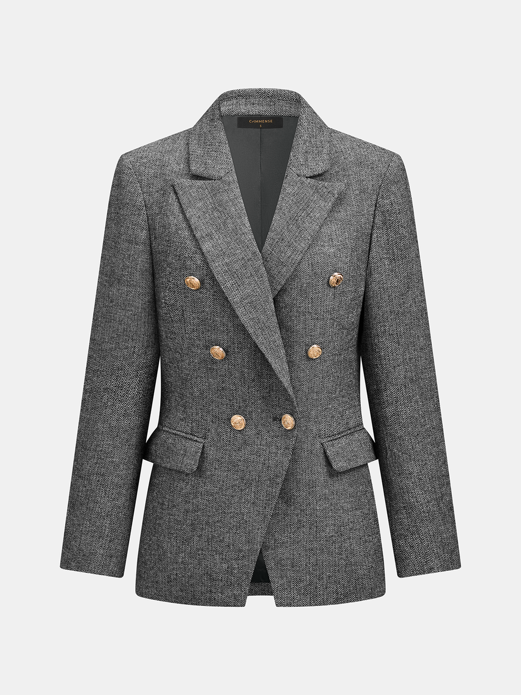 Herringbone Patterned Double-Breasted Wool Blend Blazer