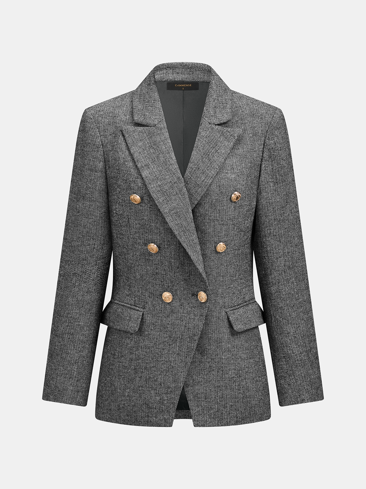 Herringbone Patterned Double-Breasted Wool Blend Blazer