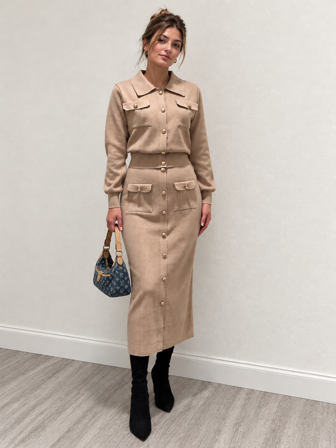 Chic Collared Cardigan and Midi Skirt Ensemble with Metal Accents
