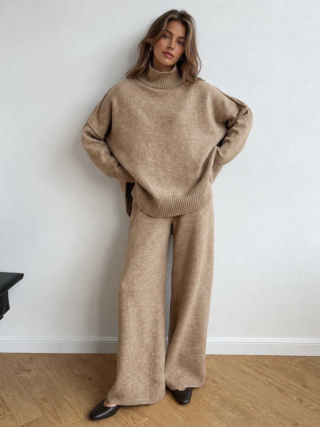 Chic Turtleneck Knit Top and Pants Ensemble
