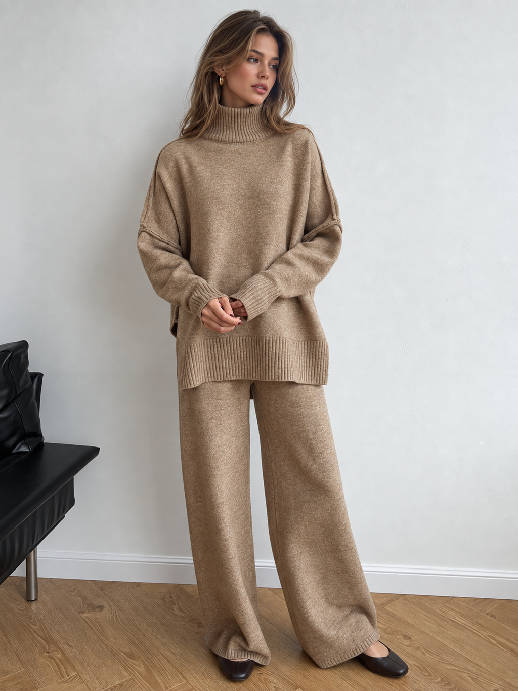 Chic Turtleneck Knit Top and Pants Ensemble