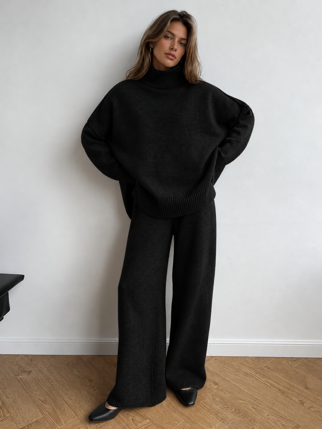 Chic Turtleneck Knit Top and Pants Ensemble