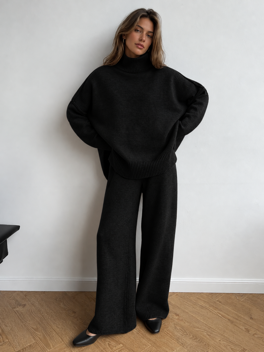 Chic Turtleneck Knit Top and Pants Ensemble