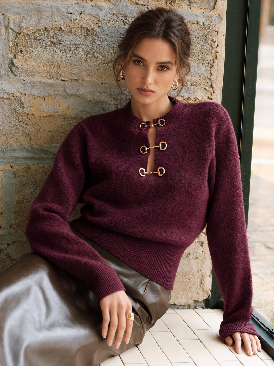 Long Sleeve Sweater with Horsebit Accents