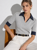 Elbow Sleeve Knit Top with Contrast Collar