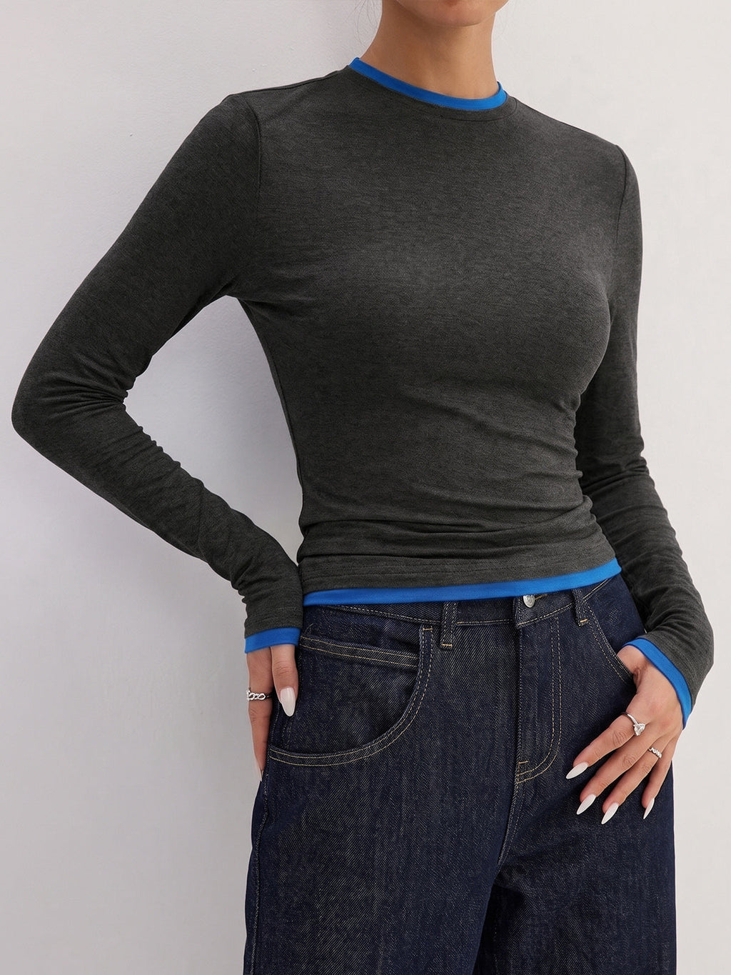 Layered Look Long Sleeve Top with Contrast Trim