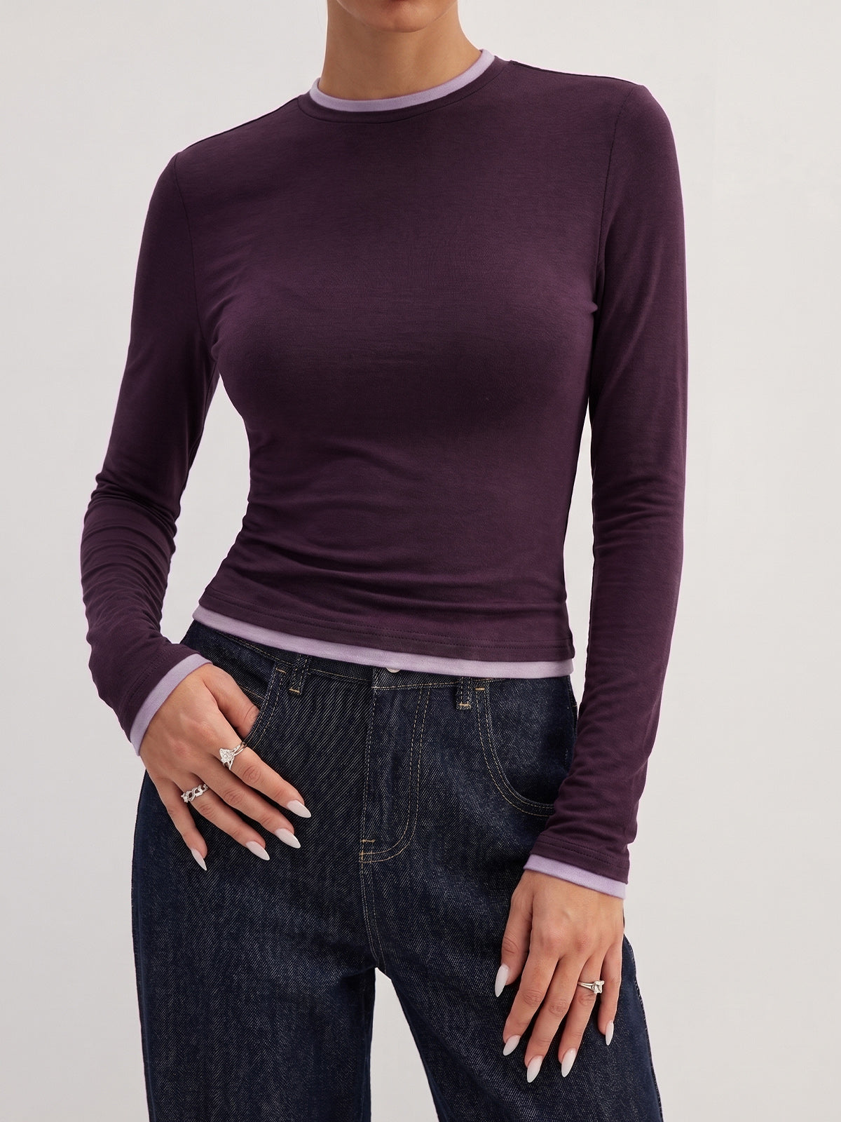 Layered Look Long Sleeve Top with Contrast Trim