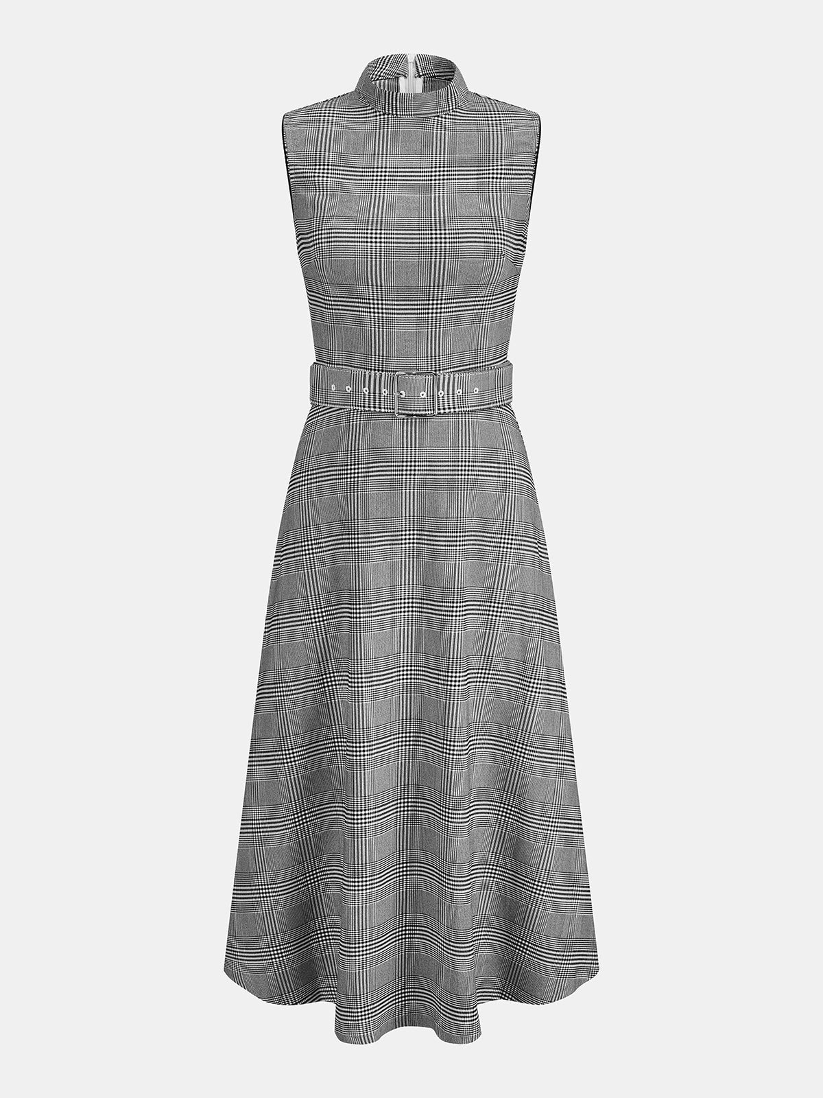Belted Maxi Dress with Stand Collar and Plaid Pattern