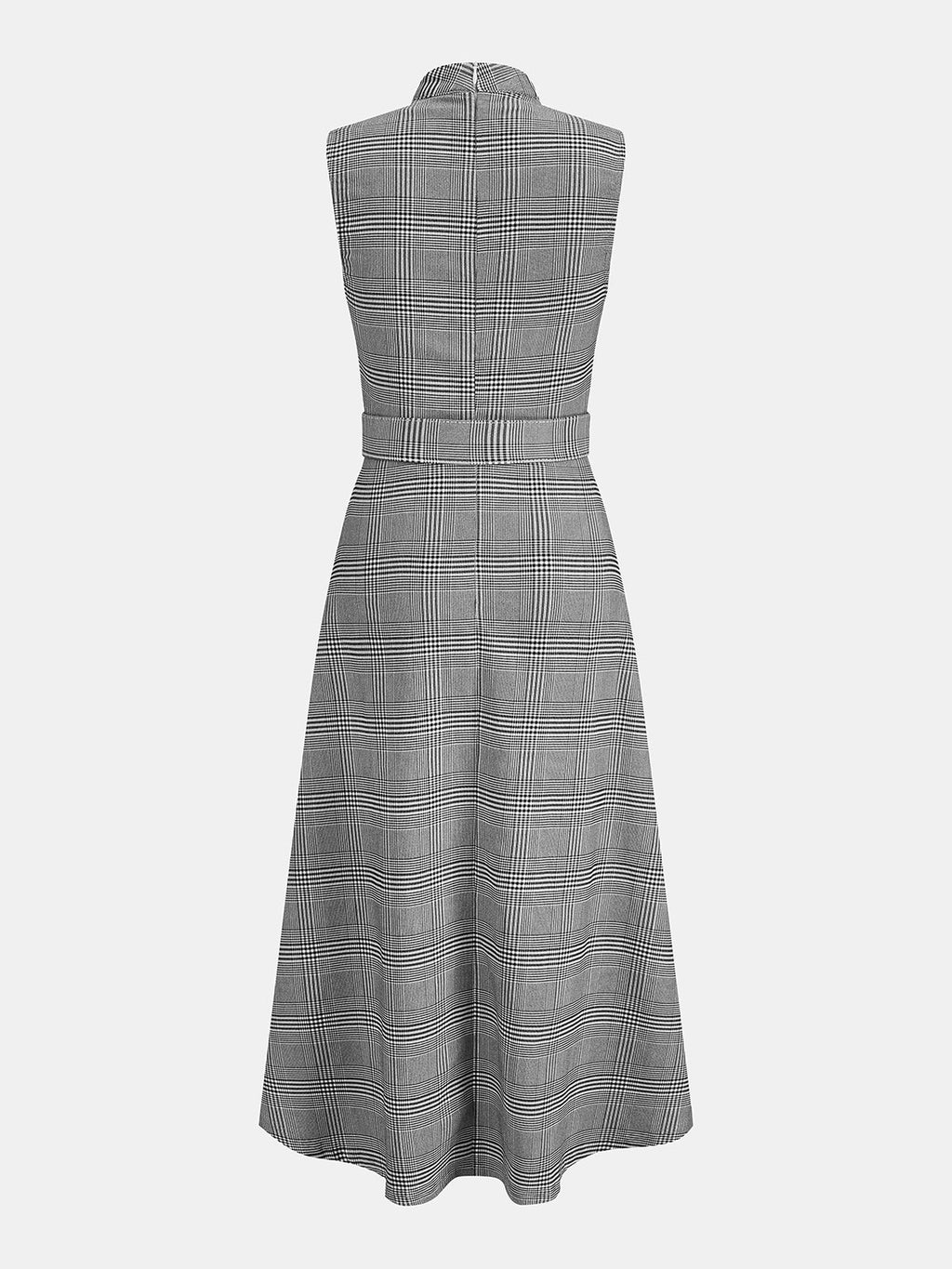Belted Maxi Dress with Stand Collar and Plaid Pattern