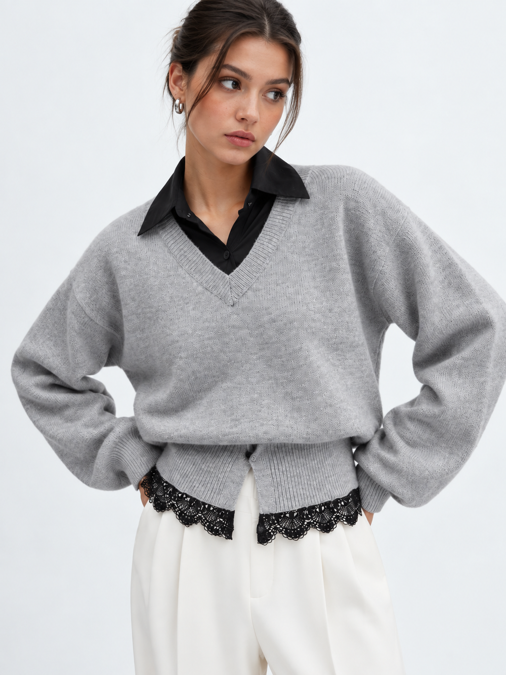 Lace Hem Sweater with Contrast Collar Detail