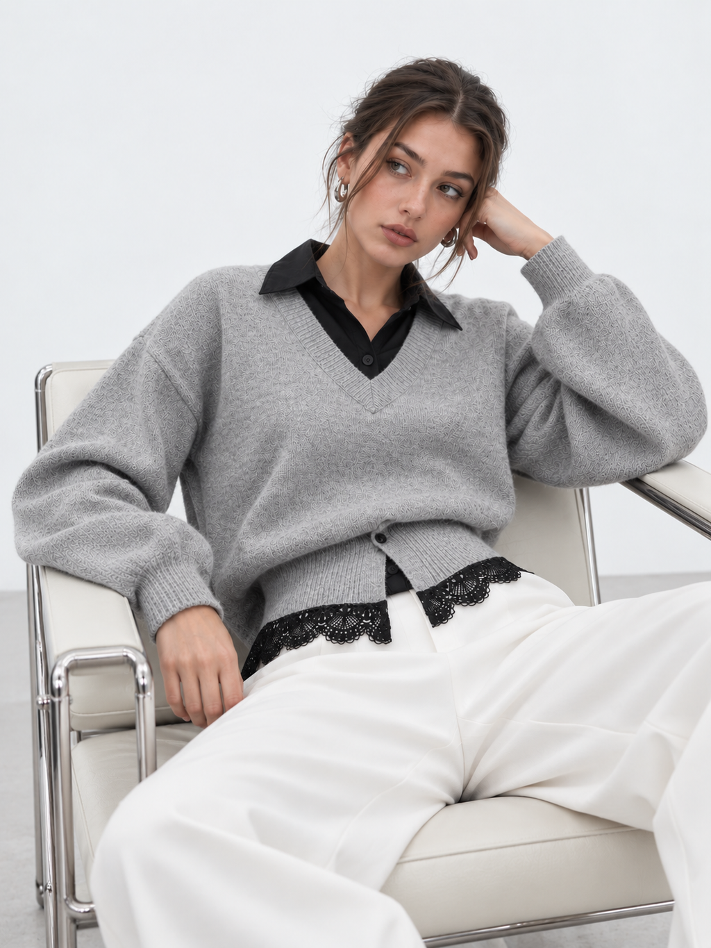 Lace Hem Sweater with Contrast Collar Detail