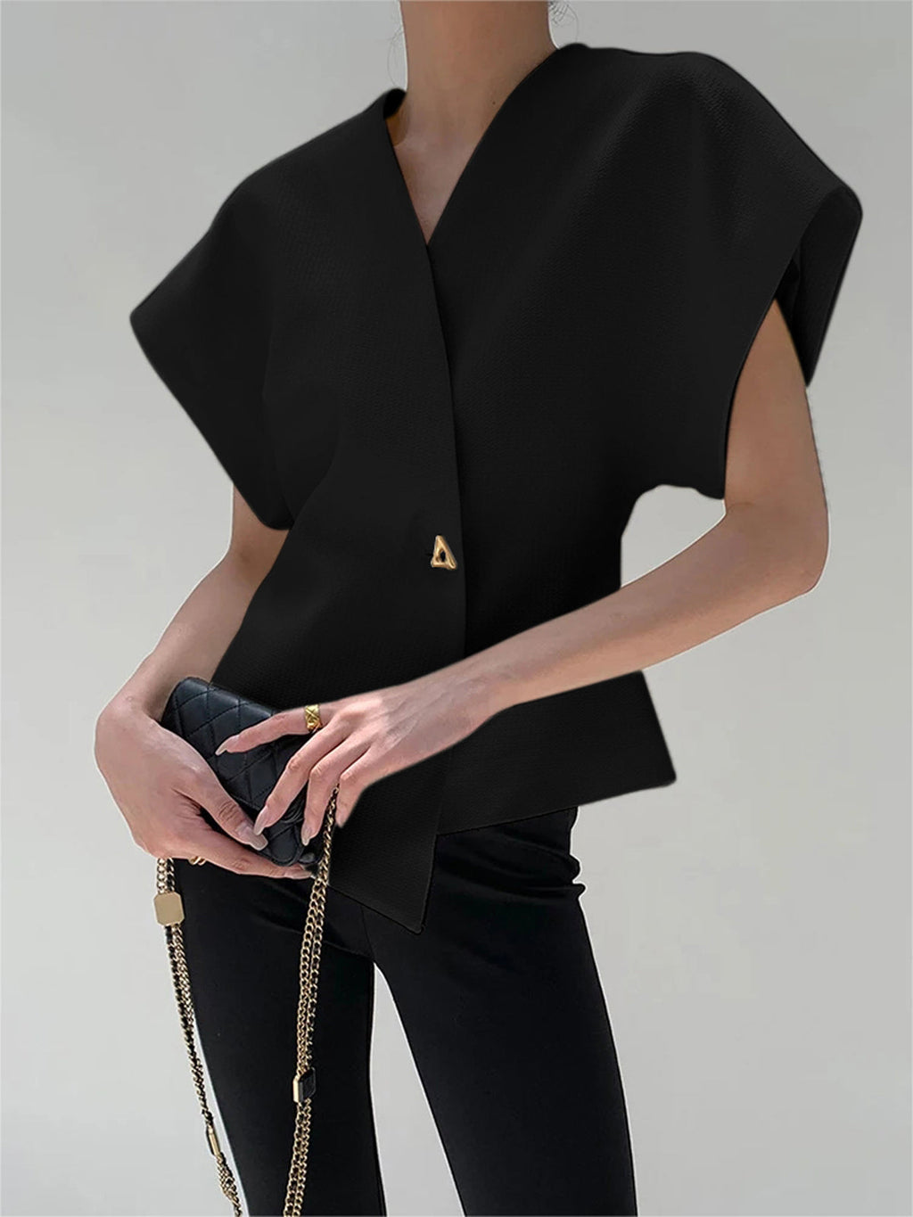 Chic V-Neck Button-Up Blouse with Tailored Fit