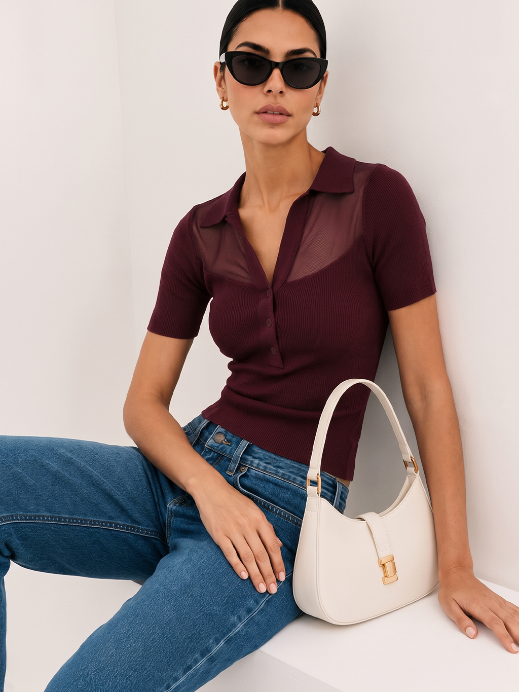 Sheer Panel Knit Top with Polo Collar