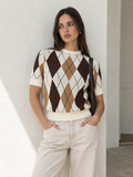 Chic Color-Block Argyle Knit Sweater with Short Sleeves