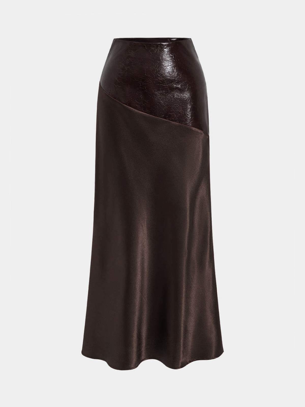 Asymmetric Satin Maxi Skirt with Faux Leather Panels