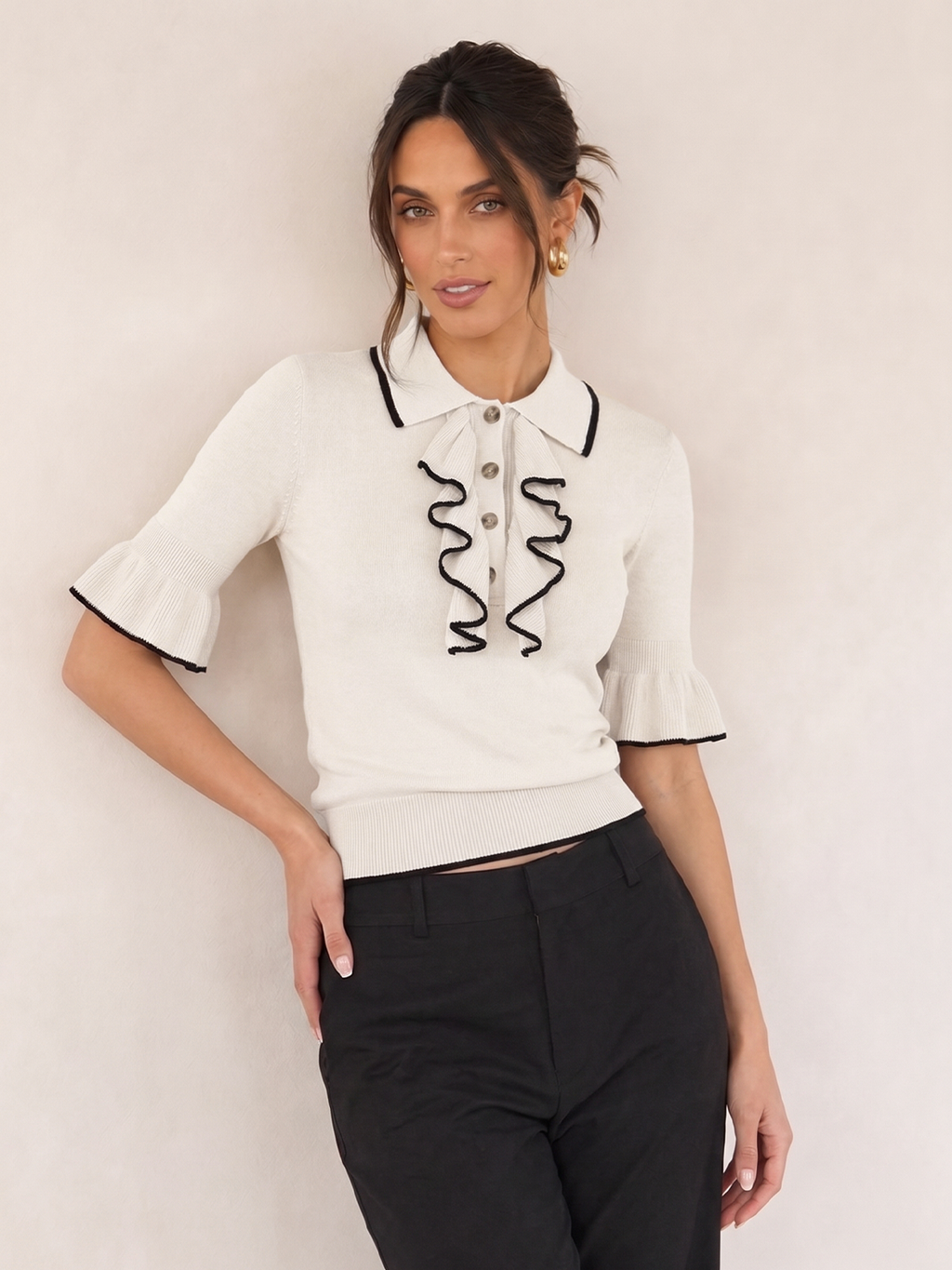 Ruffled Knit Top with Contrast Trim Details