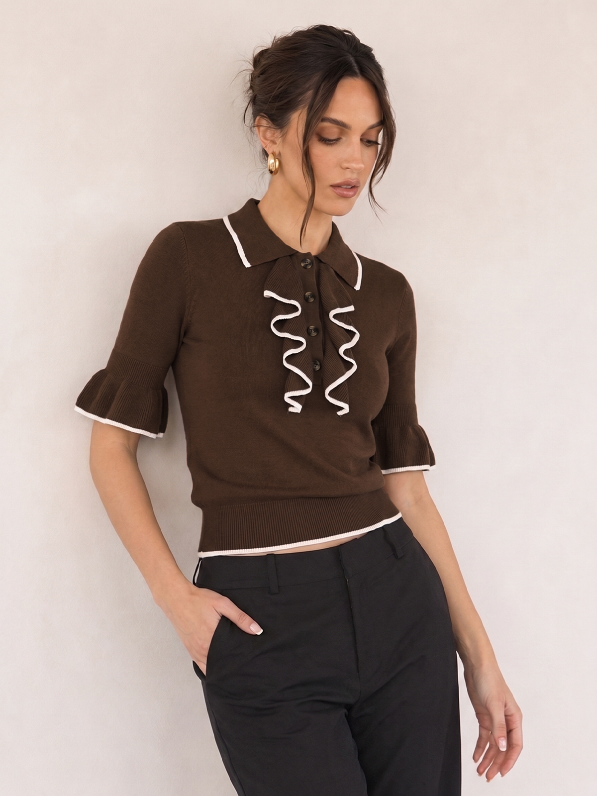 Ruffled Knit Top with Contrast Trim Details