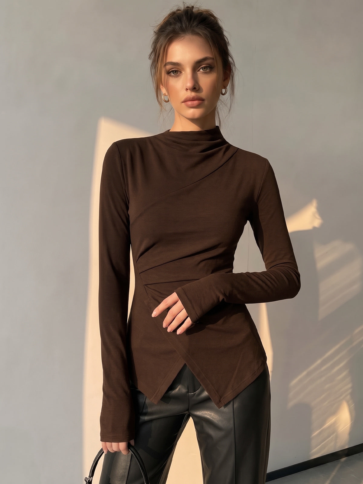 Draped Asymmetric Long Sleeve Top with Ruched Detail
