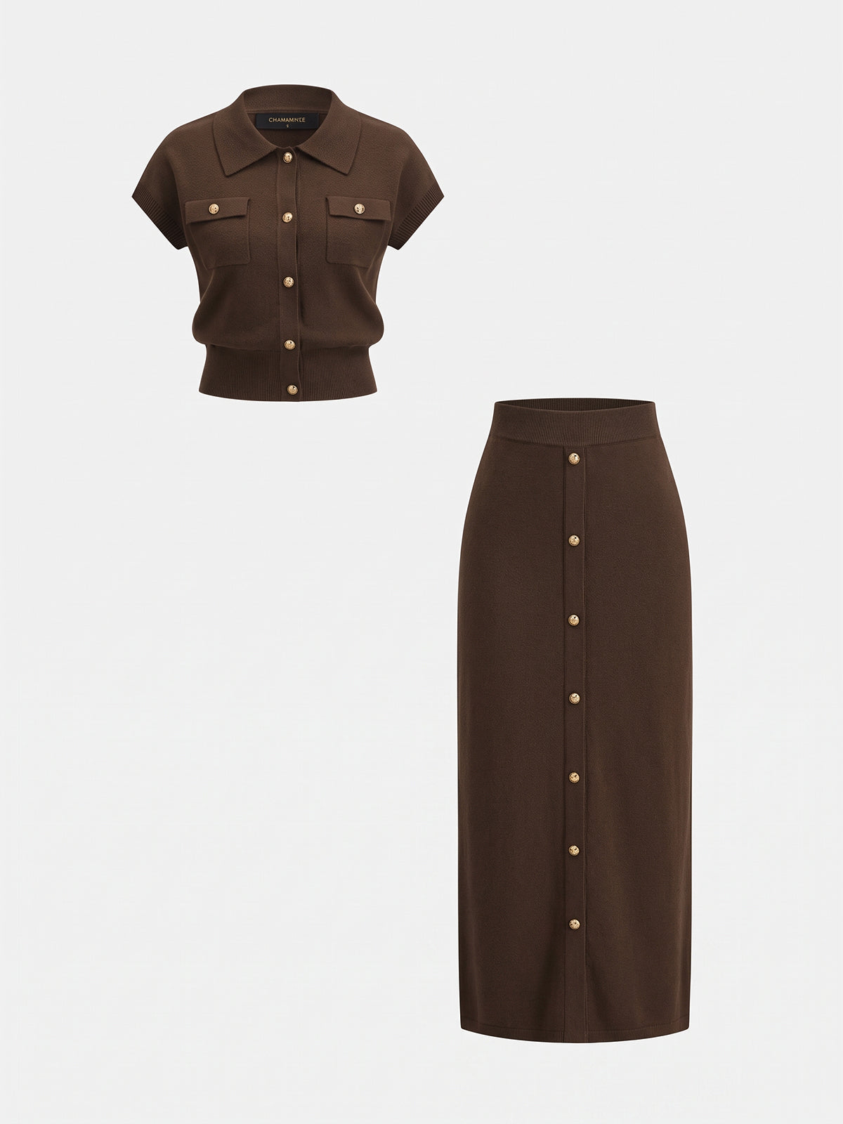 Chic Knit Skirt Set with Metal Button Details