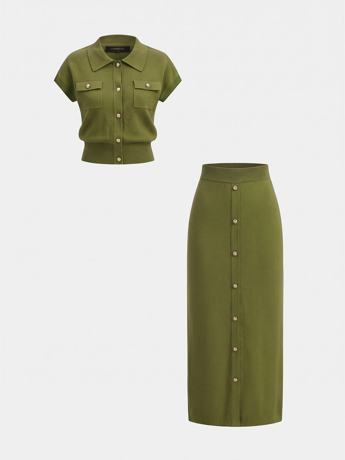 Chic Knit Skirt Set with Metal Button Details