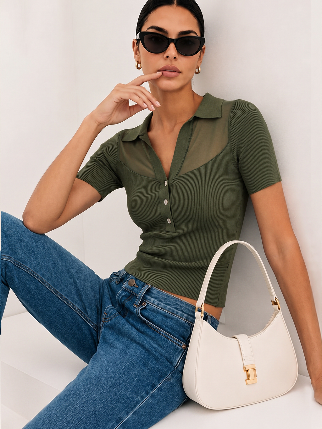 Sheer Panel Knit Top with Polo Collar