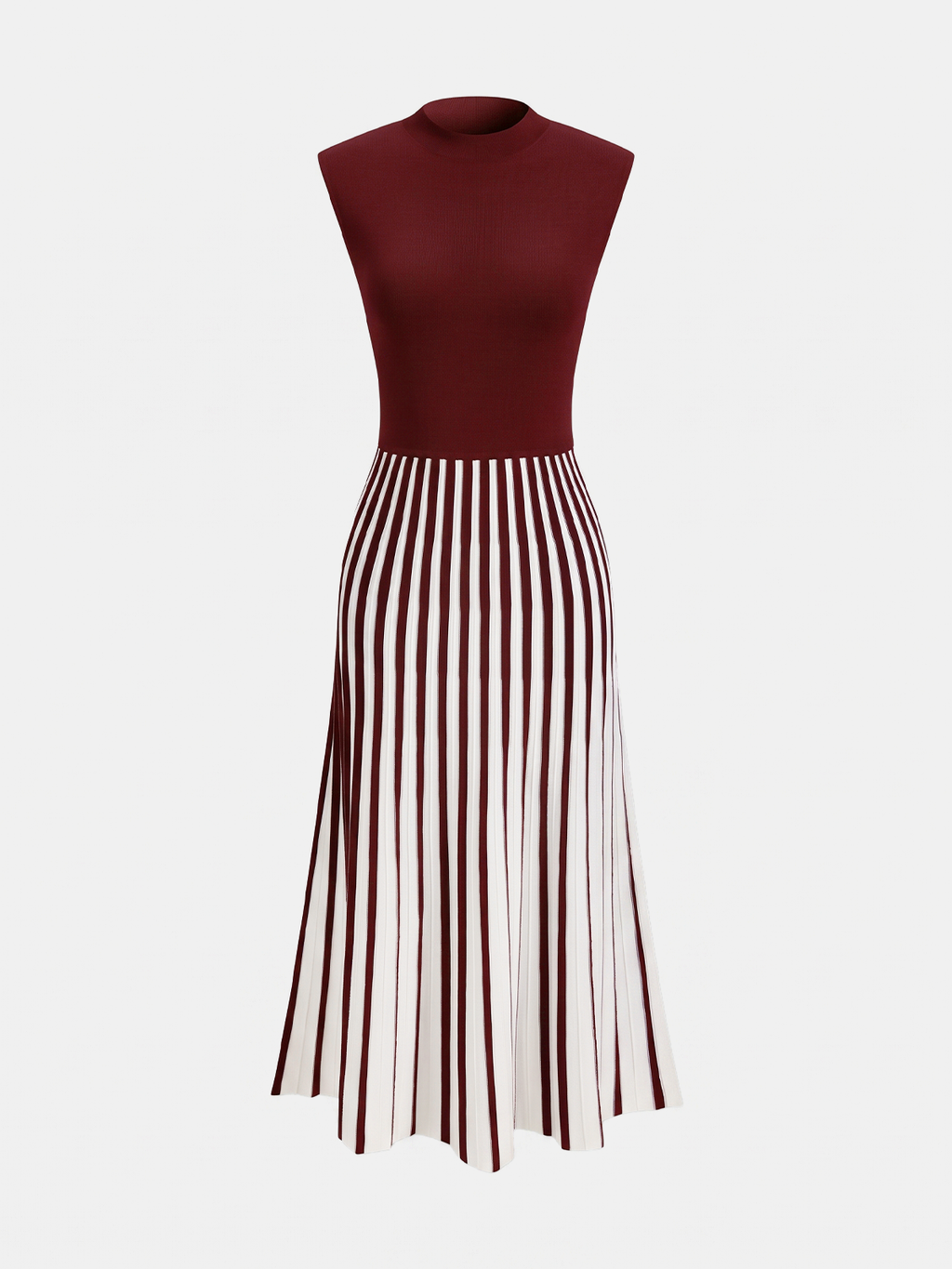 Striped Midi Dress with Sleeveless Mock Neck Design