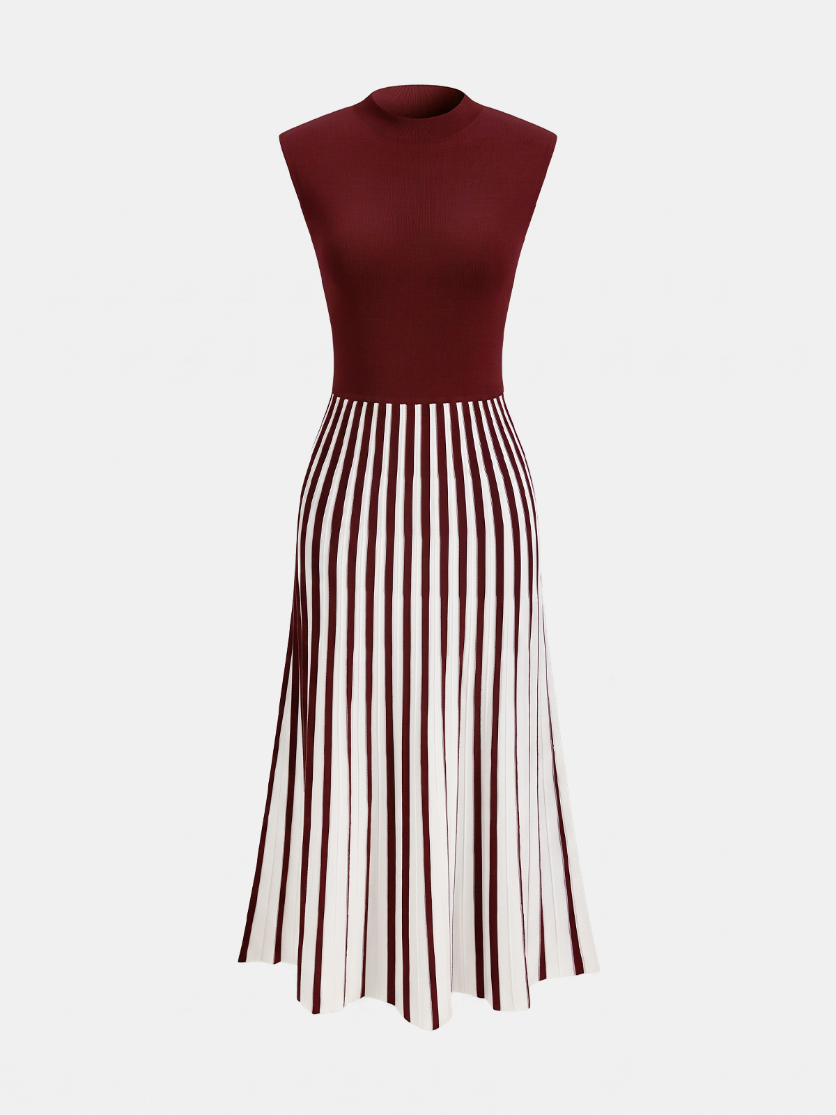 Striped Midi Dress with Sleeveless Mock Neck Design