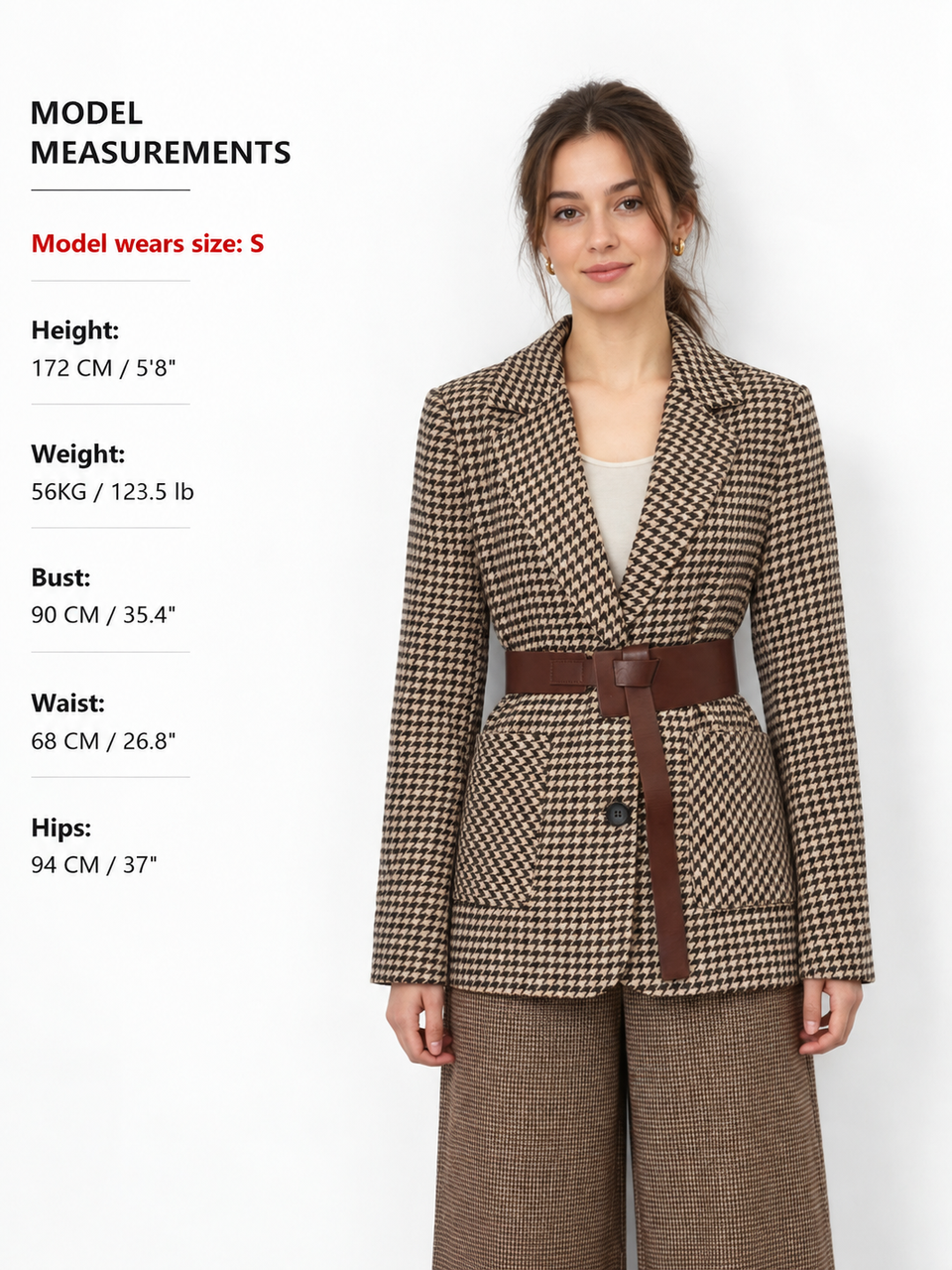 Houndstooth Print Blazer with Waist Tie Detail