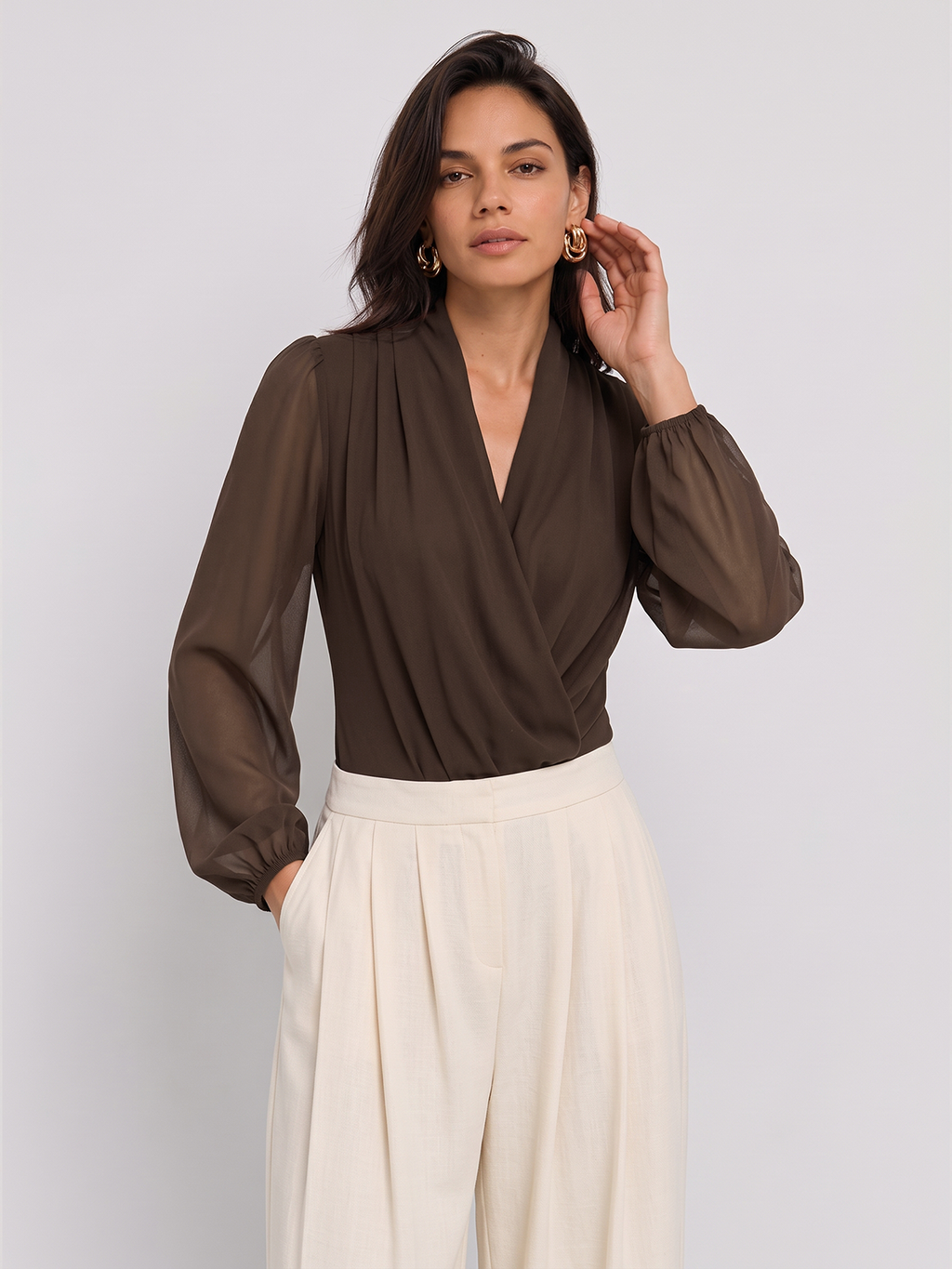 Sheer Sleeve Wrap V-Neck Bodysuit
